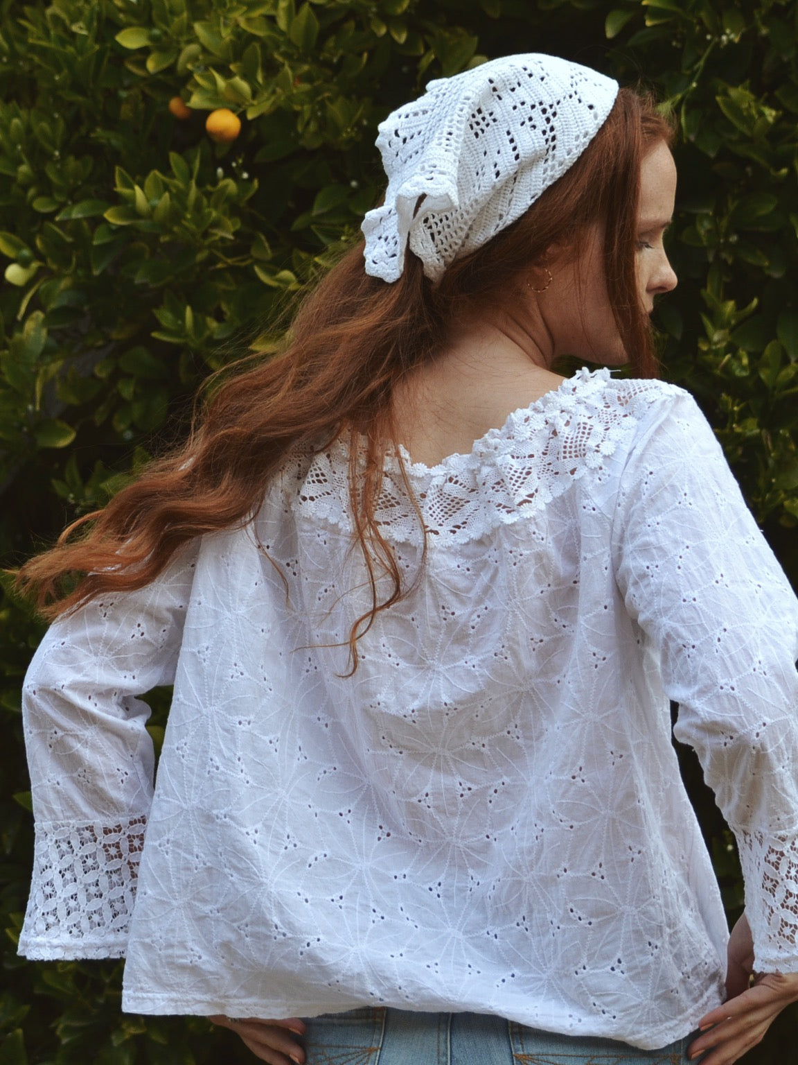 REWORKED - ONE OF A KIND COTTON SMOCK BLOUSE WHITE LACE CROCHET TRIM SMALL- MEDIUM