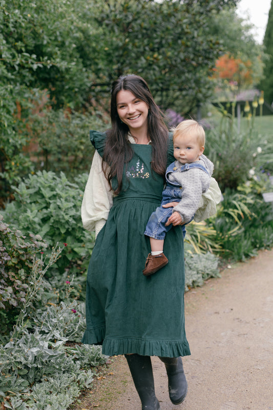 100% RECYCLED COTTON - ANOUK RUFFLE PINAFORE/SKIRT CORDUROY FOREST GREEN