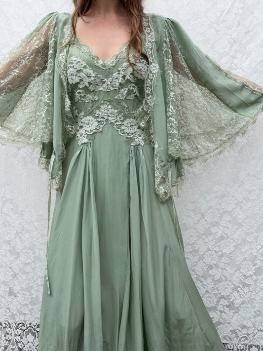 AURORA SILK & LACE DRESS - SAGE