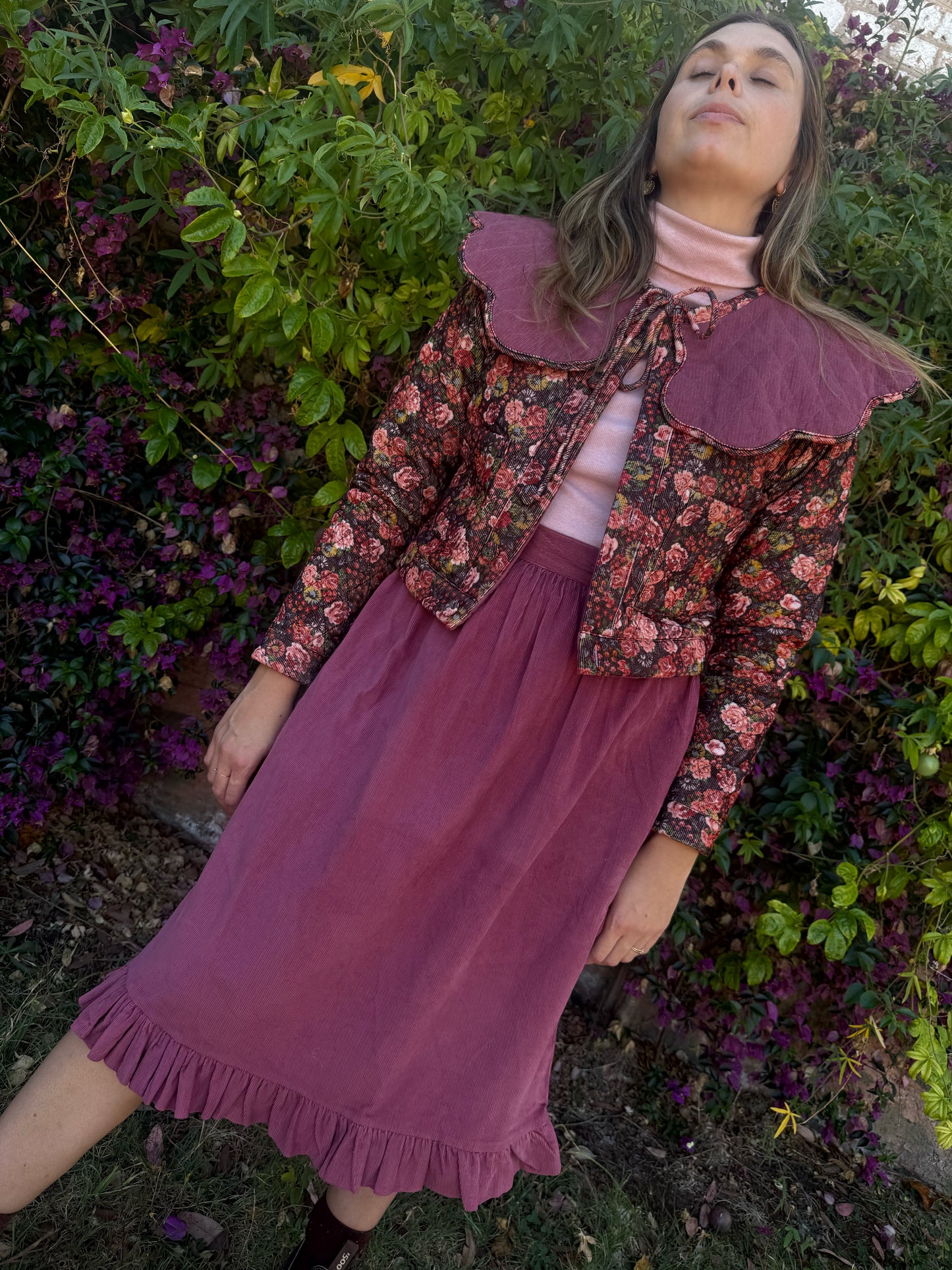 PREORDER - 100% RECYCLED COTTON CORDUROY - PEMBROKE CROP REVERSIBLE QUILTED JACKET/VEST FLORAL