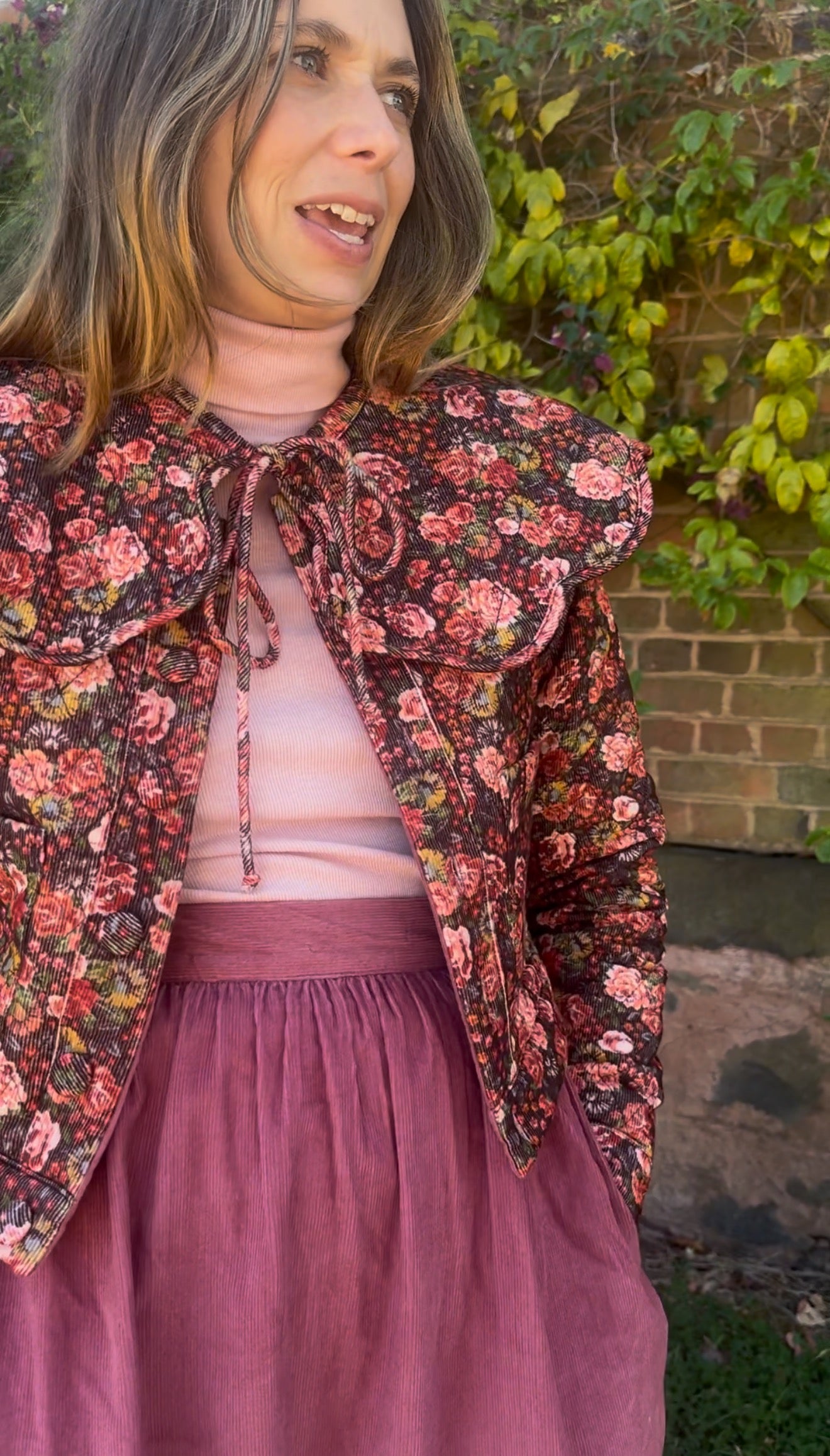 PREORDER - 100% RECYCLED COTTON CORDUROY - PEMBROKE CROP REVERSIBLE QUILTED JACKET/VEST FLORAL