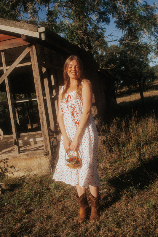 100% RECYCLED COTTON - NIGHTINGALE HAND SMOCKED DRESS STRAWBERRY EMBROIDERED COTTON