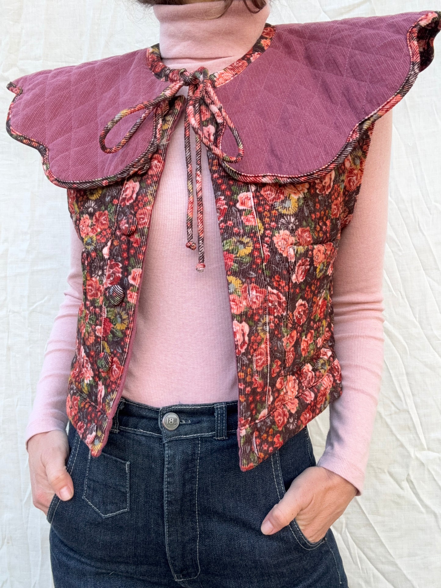 PREORDER - 100% RECYCLED COTTON CORDUROY - PEMBROKE CROP REVERSIBLE QUILTED JACKET/VEST FLORAL
