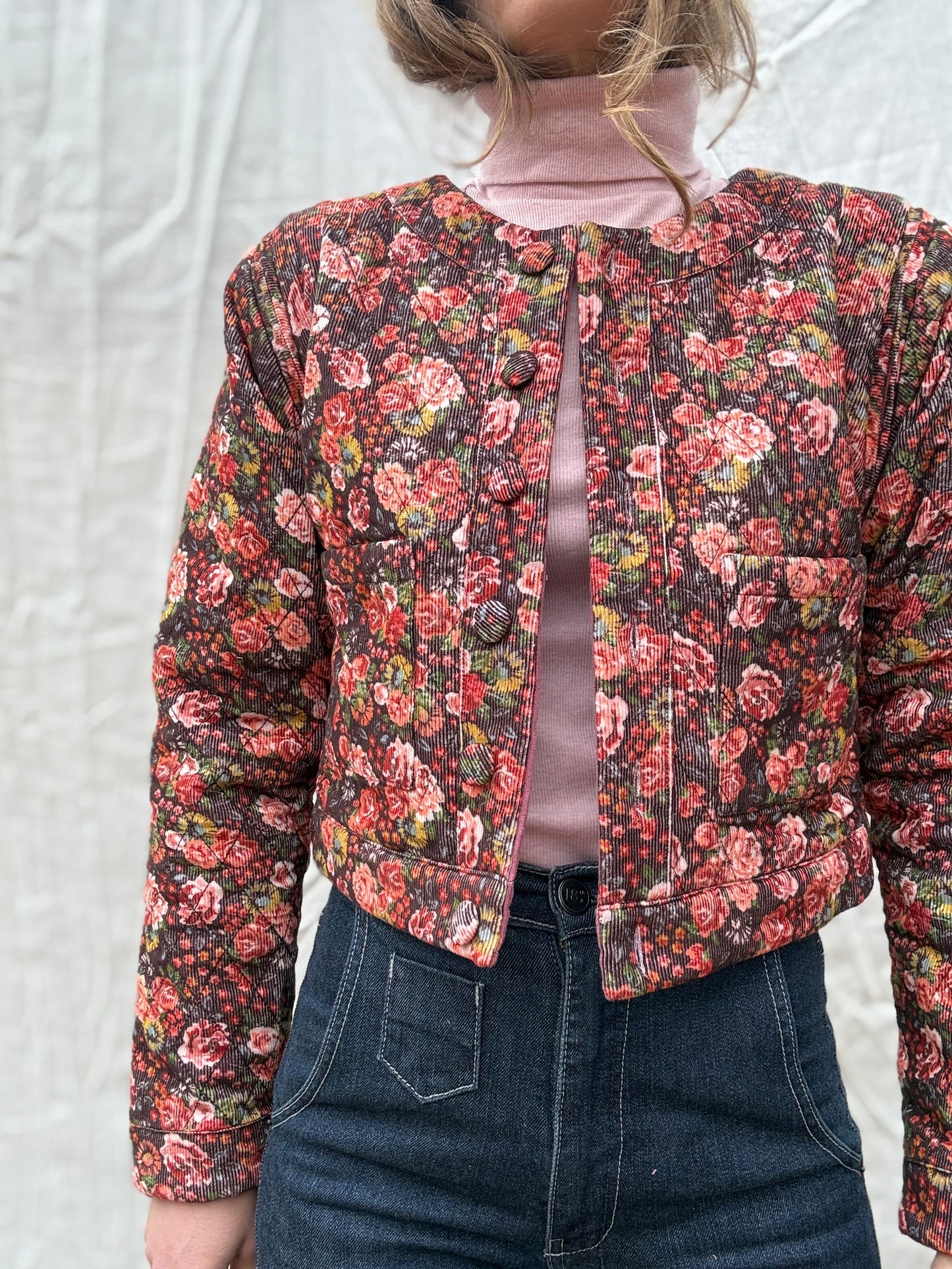 PREORDER - 100% RECYCLED COTTON CORDUROY - PEMBROKE CROP REVERSIBLE QUILTED JACKET/VEST FLORAL