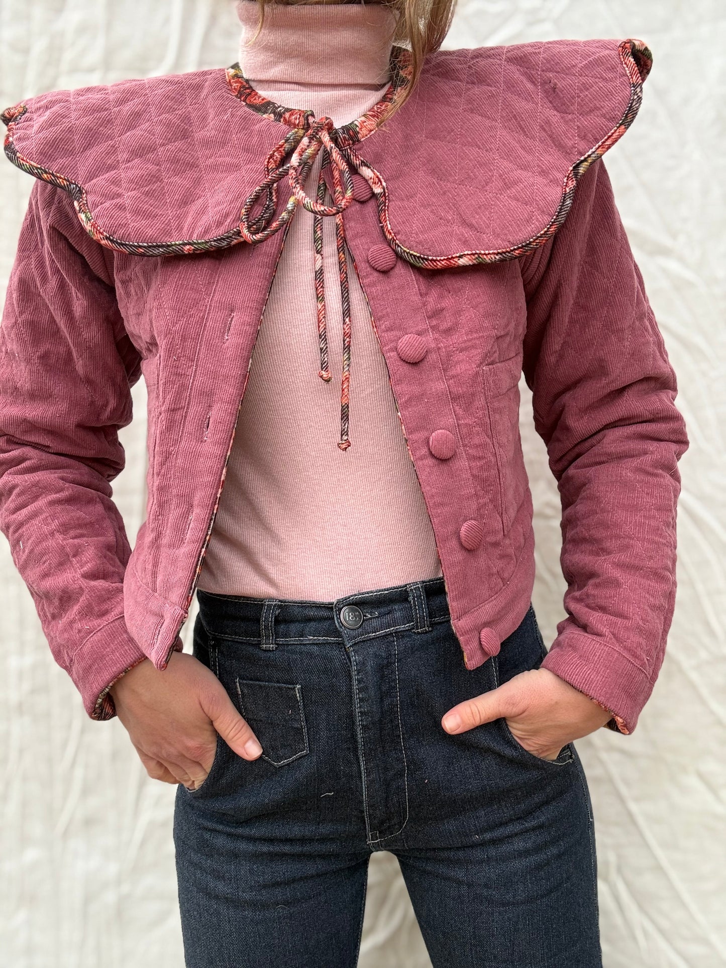 PREORDER - 100% RECYCLED COTTON CORDUROY - PEMBROKE CROP REVERSIBLE QUILTED JACKET/VEST FLORAL