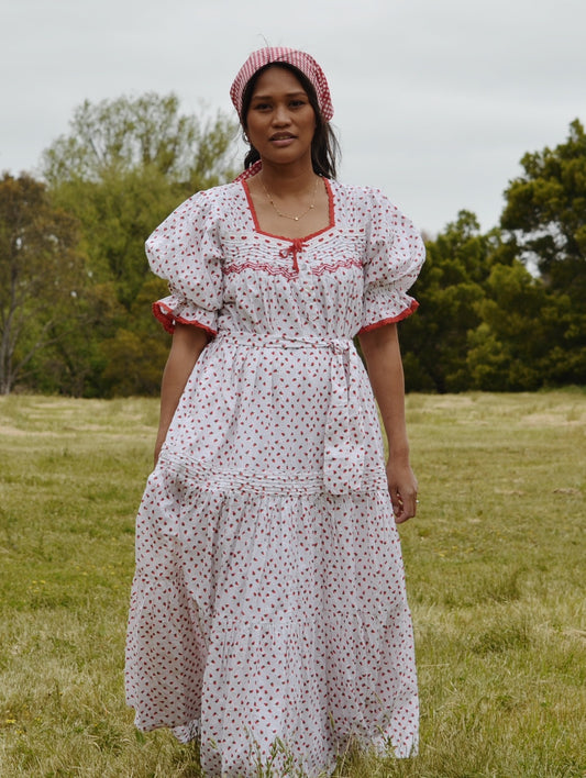 READY TO SHIP - 100% RECYCLED COTTON - MORNING SONG HAND SMOCKED TIERED DRESS - STRAWBERRY EMBROIDERED COTTON