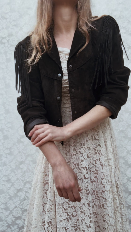VINTAGE GENUINE SUEDE LEATHER TASSEL JACKET BLACK - SMALL