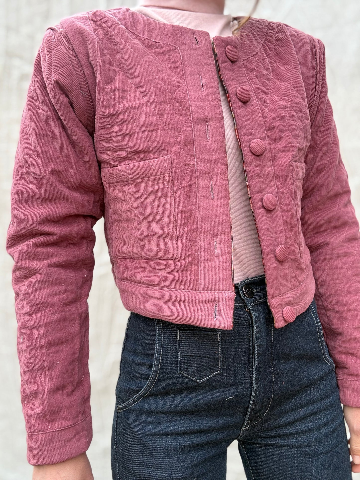 PREORDER - 100% RECYCLED COTTON CORDUROY - PEMBROKE CROP REVERSIBLE QUILTED JACKET/VEST FLORAL