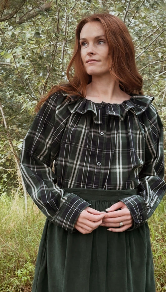 REWORKED PLAID CHECK GREEN & NAVY BLOUSE XS-M