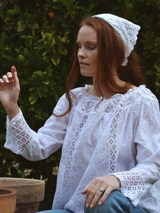 REWORKED - ONE OF A KIND COTTON SMOCK BLOUSE WHITE LACE CROCHET TRIM SMALL- MEDIUM
