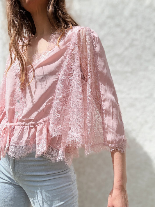 AMORET SILK CAPELET BLOUSE - PASTEL PINK