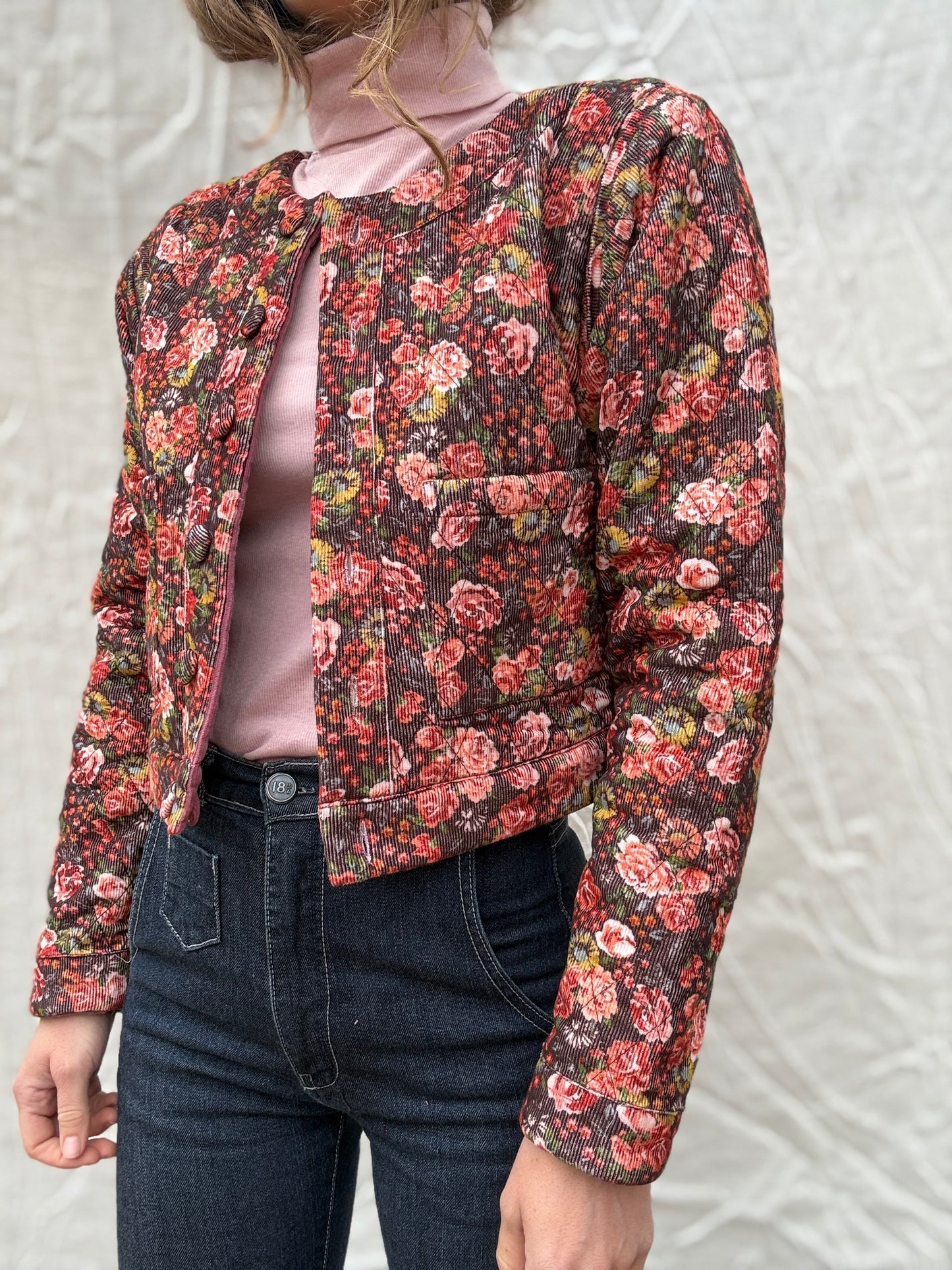PREORDER - 100% RECYCLED COTTON CORDUROY - PEMBROKE CROP REVERSIBLE QUILTED JACKET/VEST FLORAL