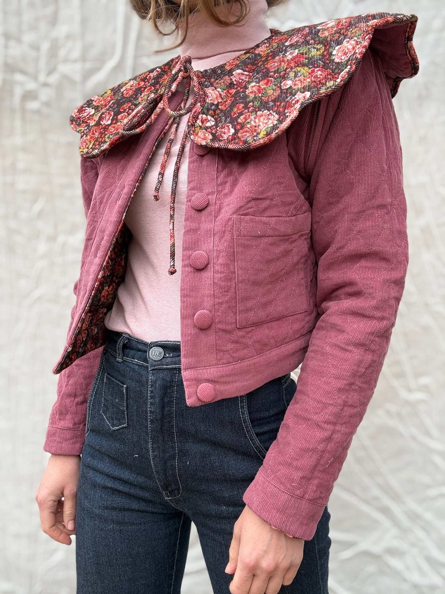 PREORDER - 100% RECYCLED COTTON CORDUROY - PEMBROKE CROP REVERSIBLE QUILTED JACKET/VEST FLORAL