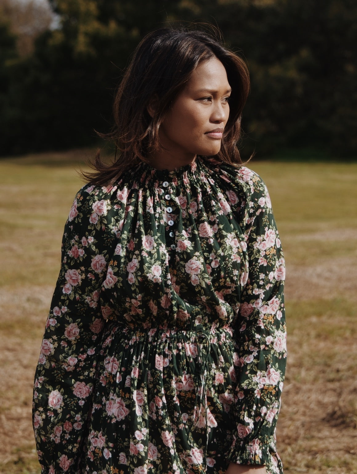 PRAIRIE ROSE FLORAL FOREST GREEN DRESS