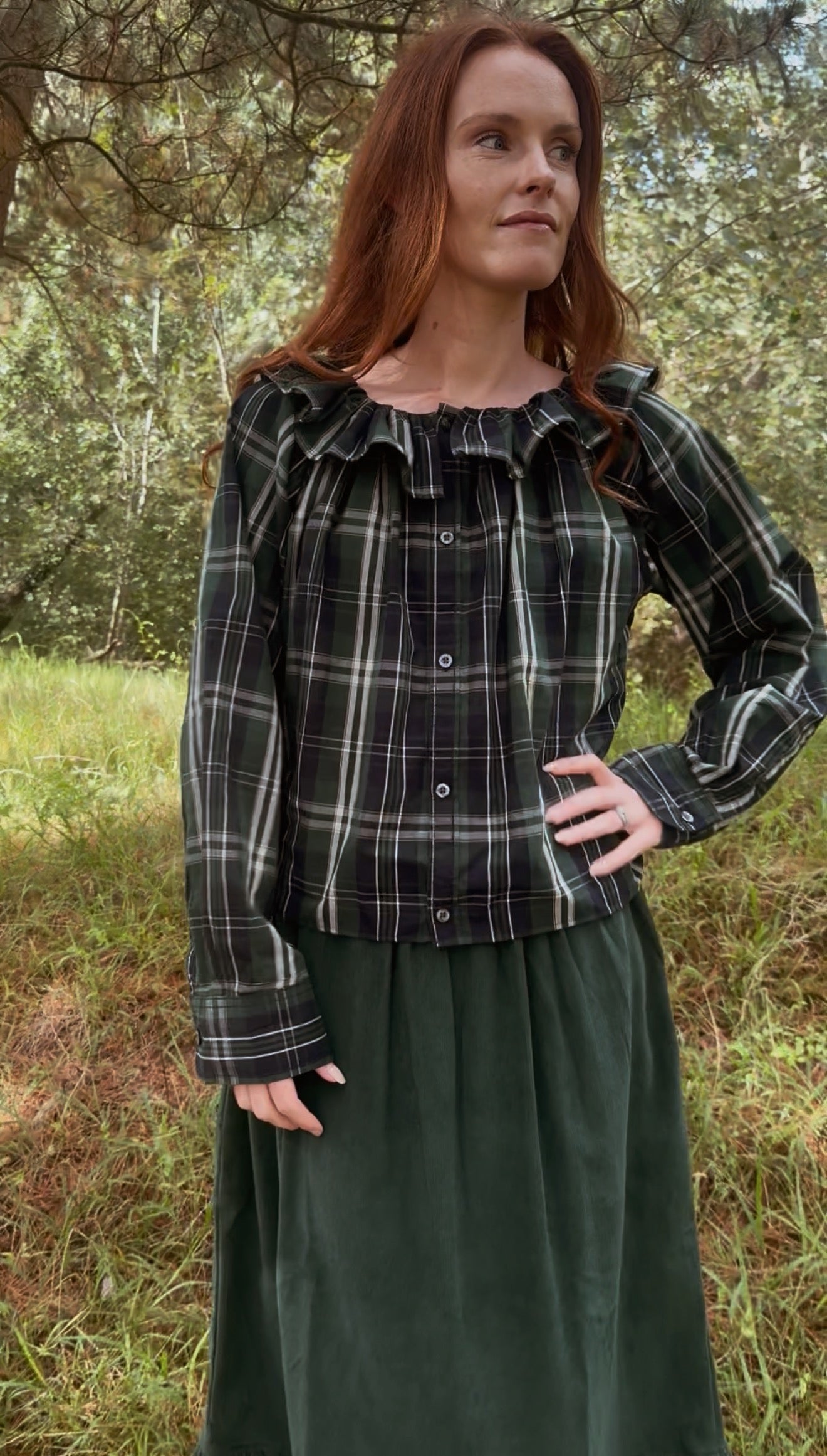 REWORKED PLAID CHECK GREEN & NAVY BLOUSE XS-M