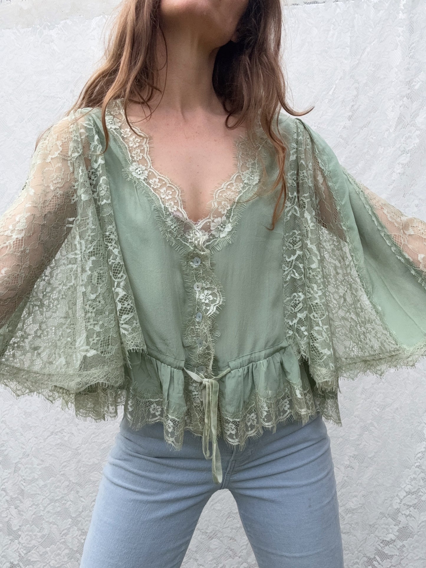 AMORET SILK CAPELET BLOUSE - SAGE