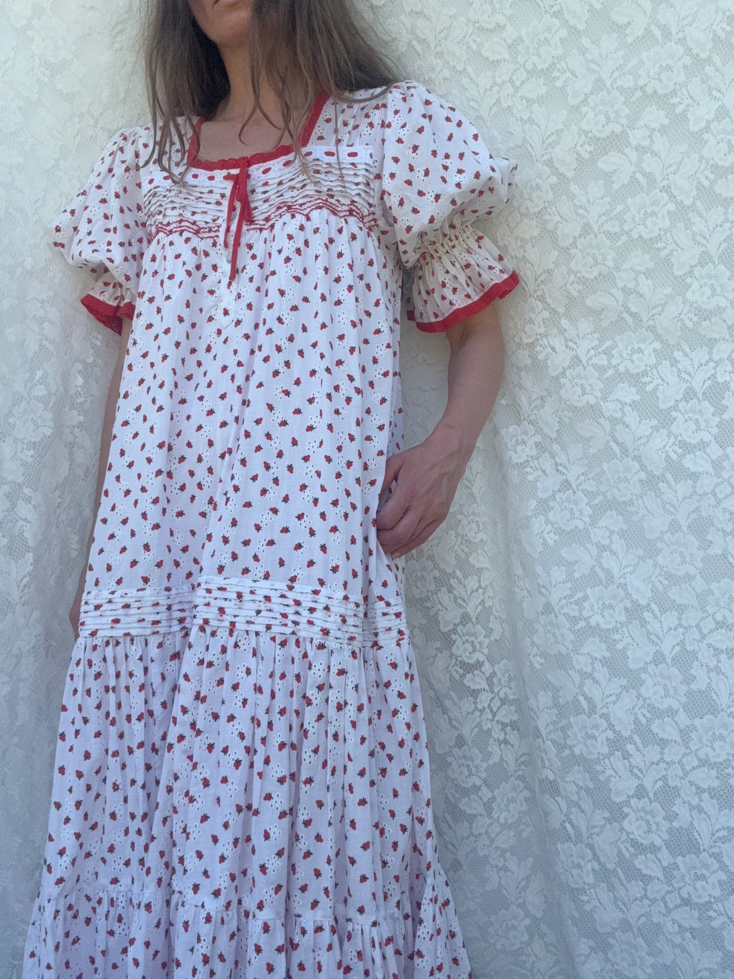 100% RECYCLED COTTON - MORNING SONG HAND SMOCKED TIERED DRESS - STRAWBERRY EMBROIDERED COTTON
