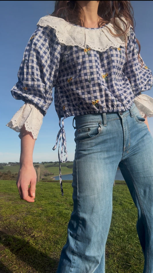 100% RECYCLED COTTON - MARTHA BLUE GINGHAM BLOUSE