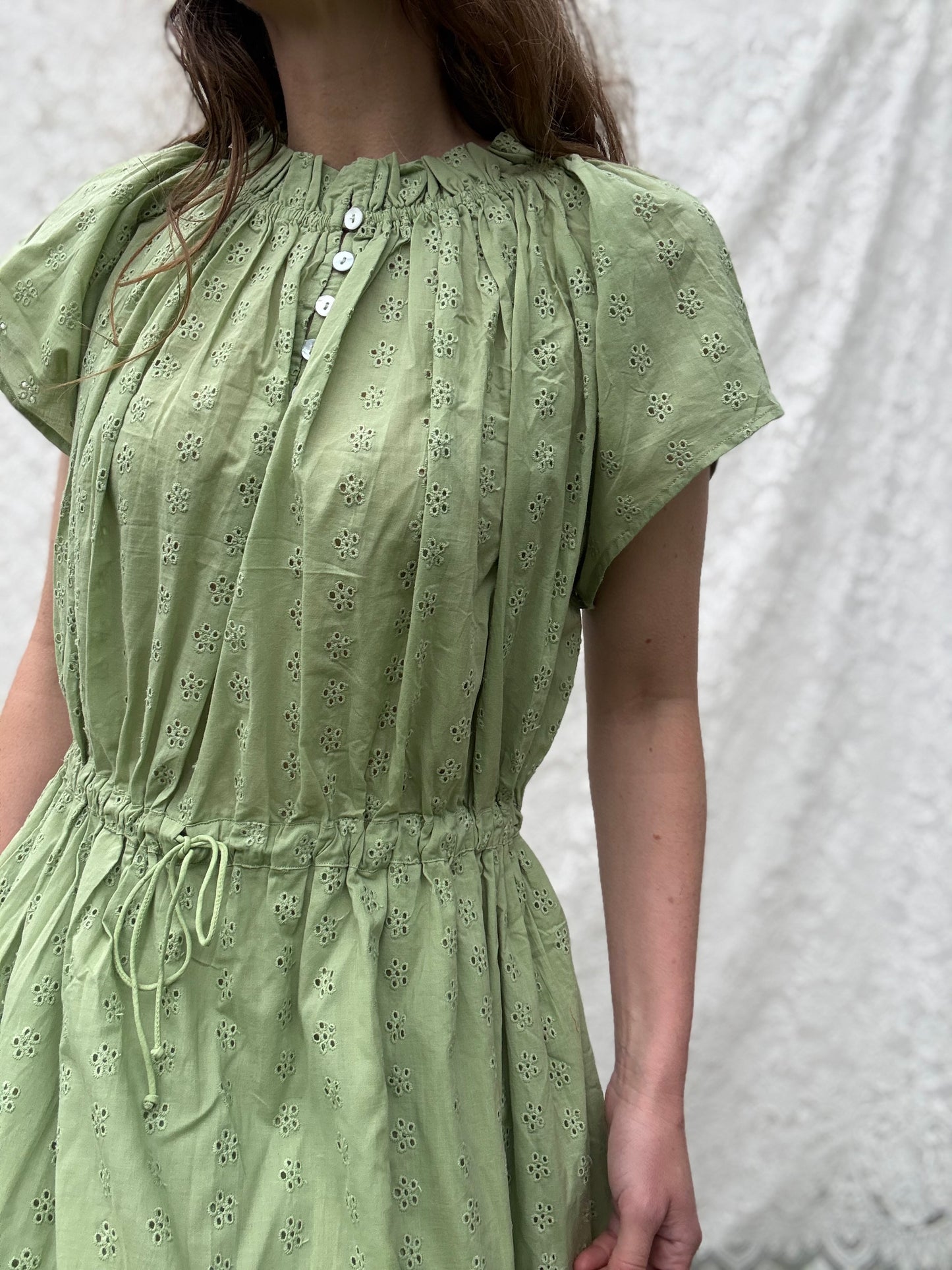 PRELOVED 100% RECYCLED COTTON - ISABEL DRESS SAGE COTTON LACE LARGE