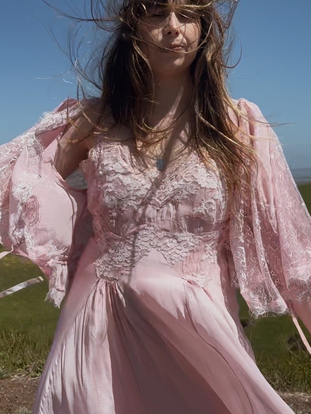 AURORA SILK & LACE DRESS - PASTEL PINK