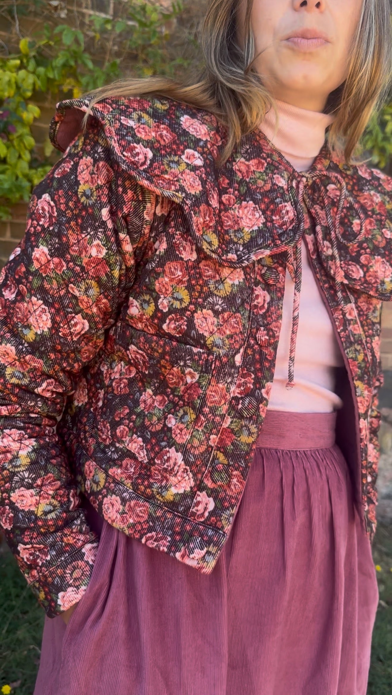 PREORDER - 100% RECYCLED COTTON CORDUROY - PEMBROKE CROP REVERSIBLE QUILTED JACKET/VEST FLORAL