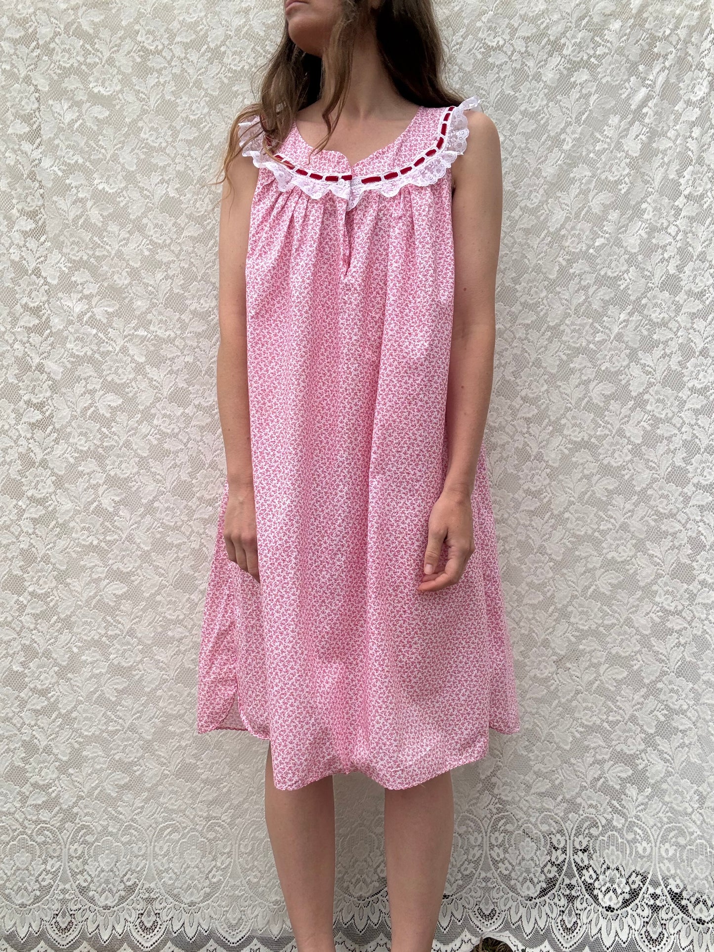 REWORKED DRESS OR NIGHTIE RED FLORAL COTTON 12-14