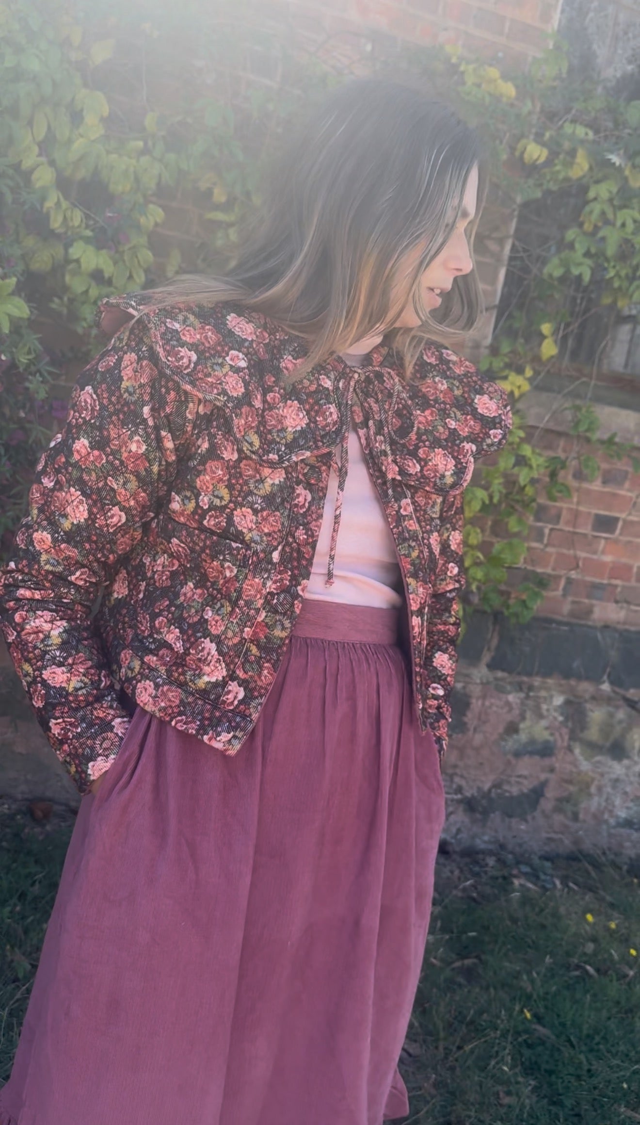 PREORDER - 100% RECYCLED COTTON CORDUROY - PEMBROKE CROP REVERSIBLE QUILTED JACKET/VEST FLORAL