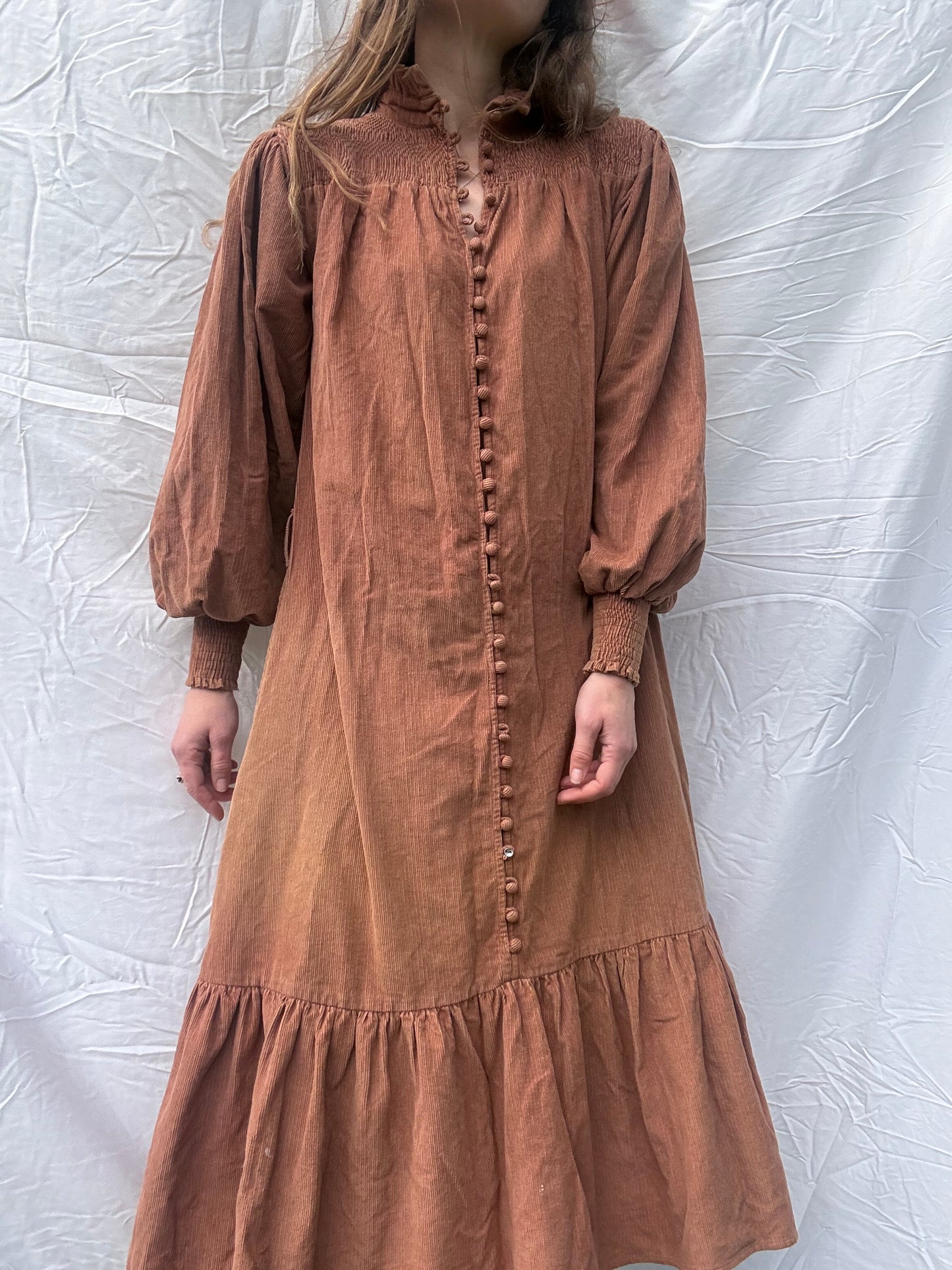 PRELOVED - 100% RECYCLED COTTON CORDUROY - CLOTHILDE DRESS CINNAMON XS