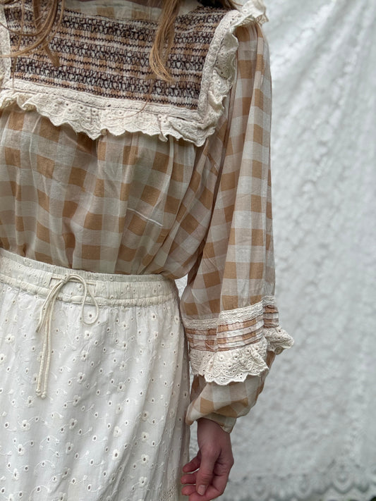 PRELOVED BEATRIX BLOUSE SMOCK CAMEL GINGHAM M