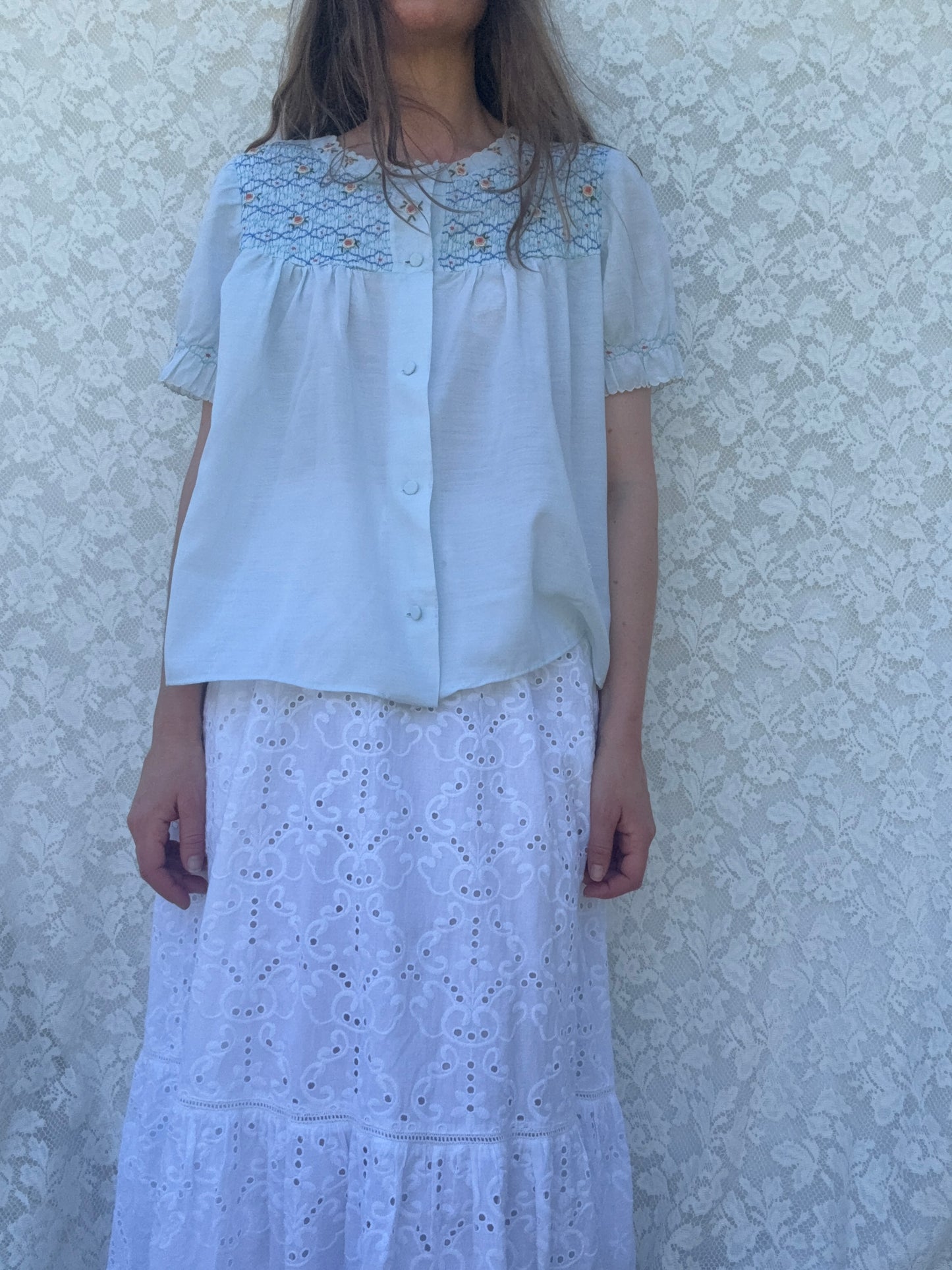 REWORKED - LIGHT BLUE SMOCK DETAILED BLOUSE 8-12