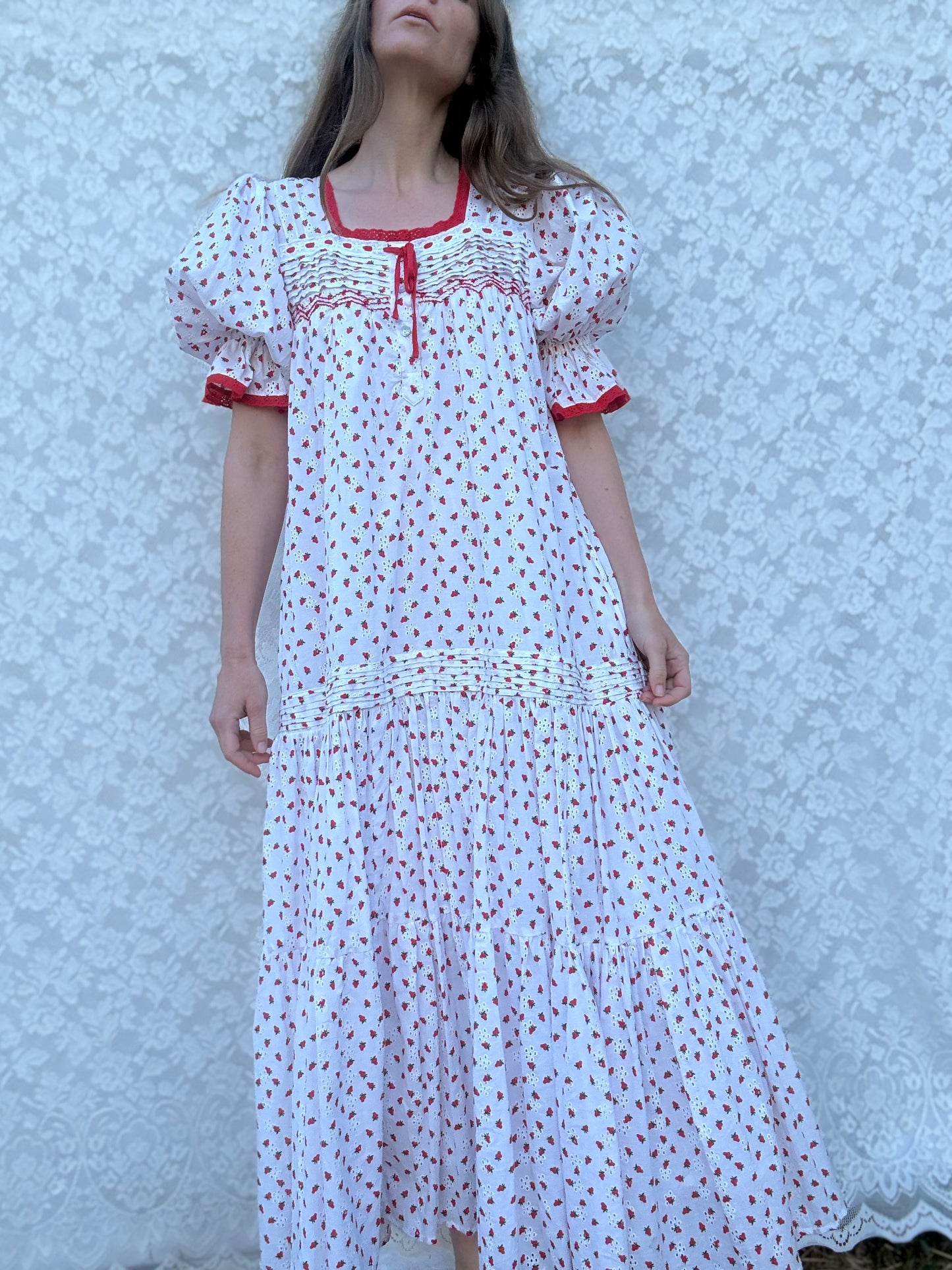 100% RECYCLED COTTON - MORNING SONG HAND SMOCKED TIERED DRESS - STRAWBERRY EMBROIDERED COTTON