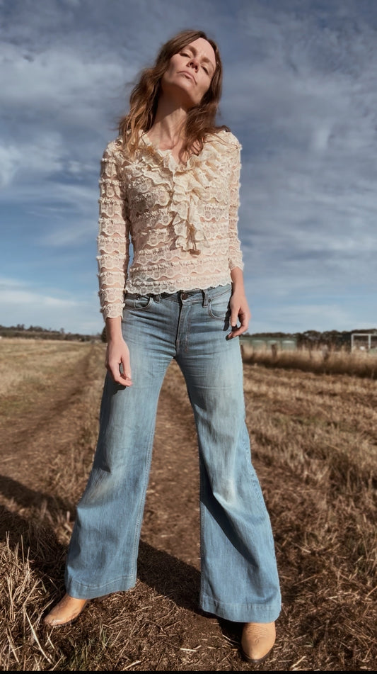 VINTAGE JOHN CRAIG LACE RUFFLE BLOUSE CREAM XS