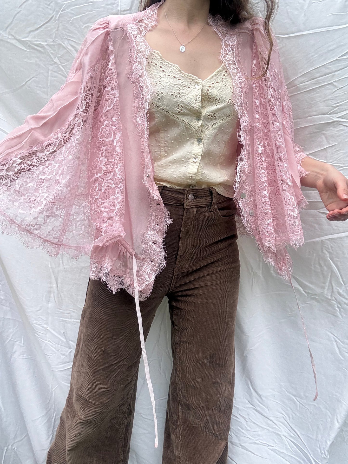 PRELOVED - AMORET SILK CAPELET BLOUSE - PASTEL PINK LARGE