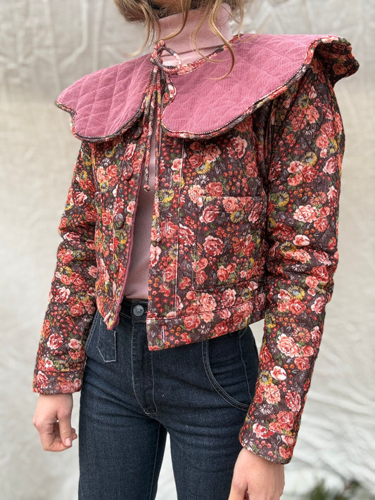 PREORDER - 100% RECYCLED COTTON CORDUROY - PEMBROKE CROP REVERSIBLE QUILTED JACKET/VEST FLORAL