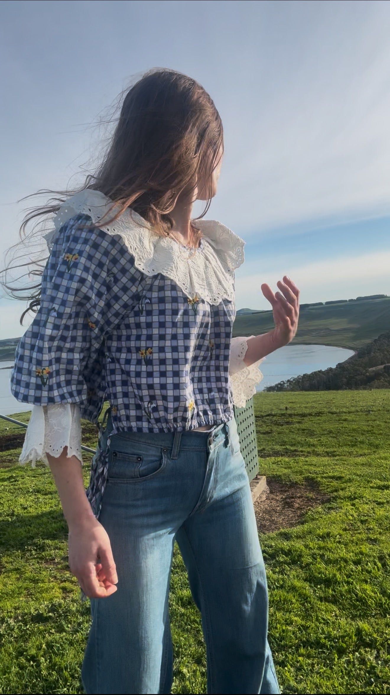100% RECYCLED COTTON - MARTHA BLUE GINGHAM BLOUSE