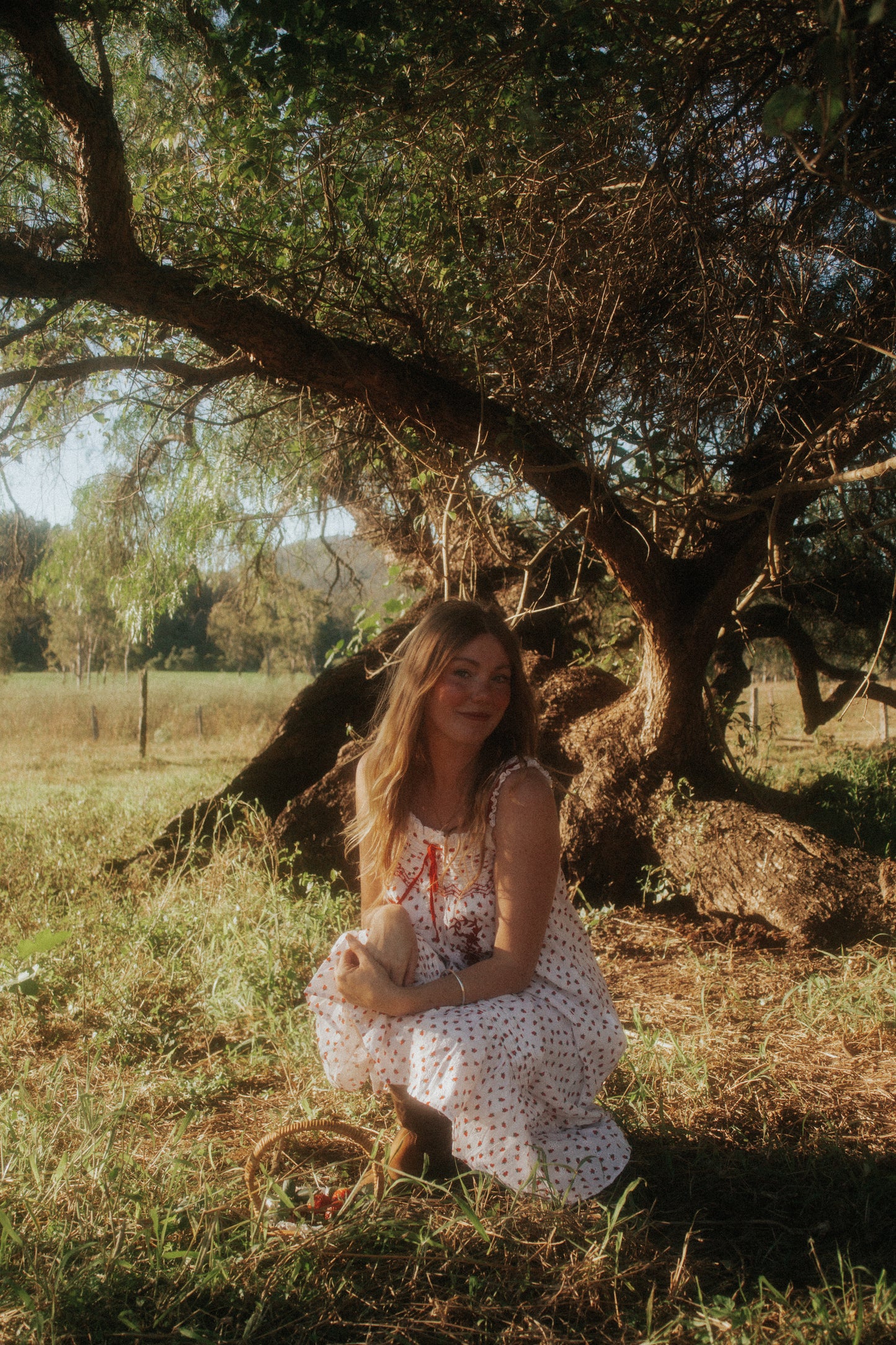 100% RECYCLED COTTON - NIGHTINGALE HAND SMOCKED DRESS STRAWBERRY EMBROIDERED COTTON