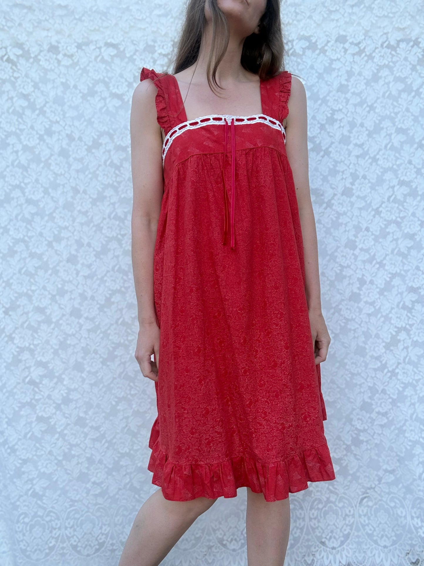 REWORKED - RED COTTON DAY DRESS 10-12