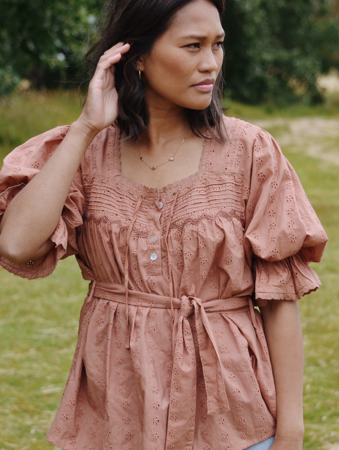 PRELOVED - 100% RECYCLED COTTON - MORNING SONG HAND SMOCKED BLOUSE ANTIQUE BROWN