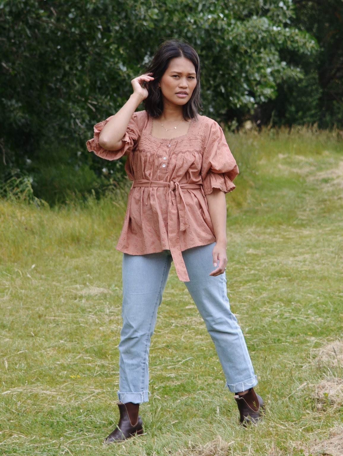 PRELOVED - 100% RECYCLED COTTON - MORNING SONG HAND SMOCKED BLOUSE ANTIQUE BROWN