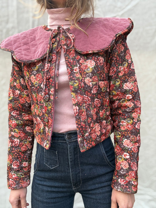 PREORDER - 100% RECYCLED COTTON CORDUROY - PEMBROKE CROP REVERSIBLE QUILTED JACKET/VEST FLORAL
