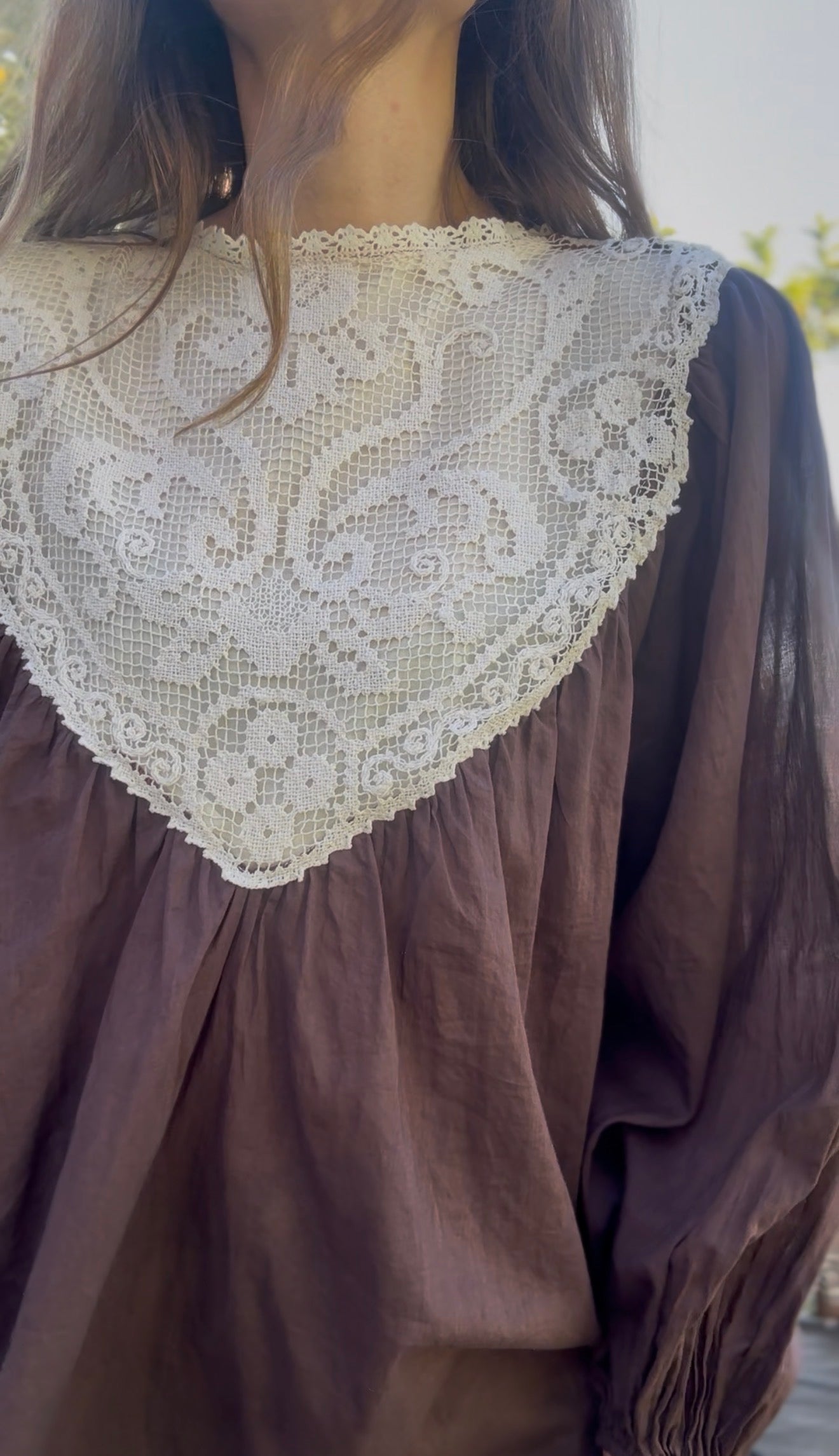 ONE OF A KIND SMOCK REWORKED BLOUSE BROWN WITH FILET LACE - XL