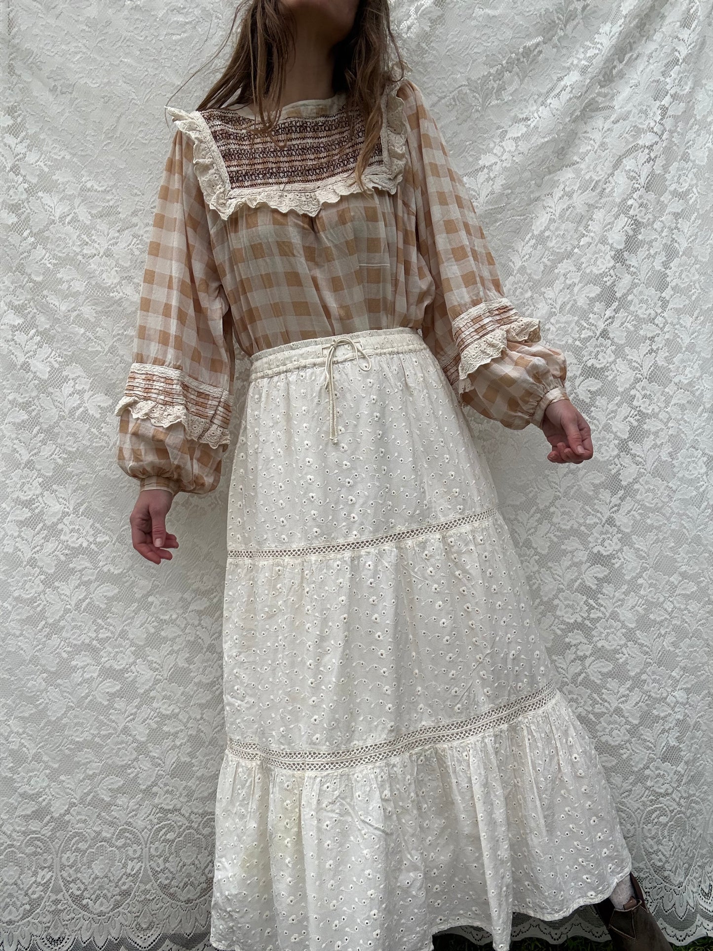 PRELOVED BEATRIX BLOUSE SMOCK CAMEL GINGHAM M