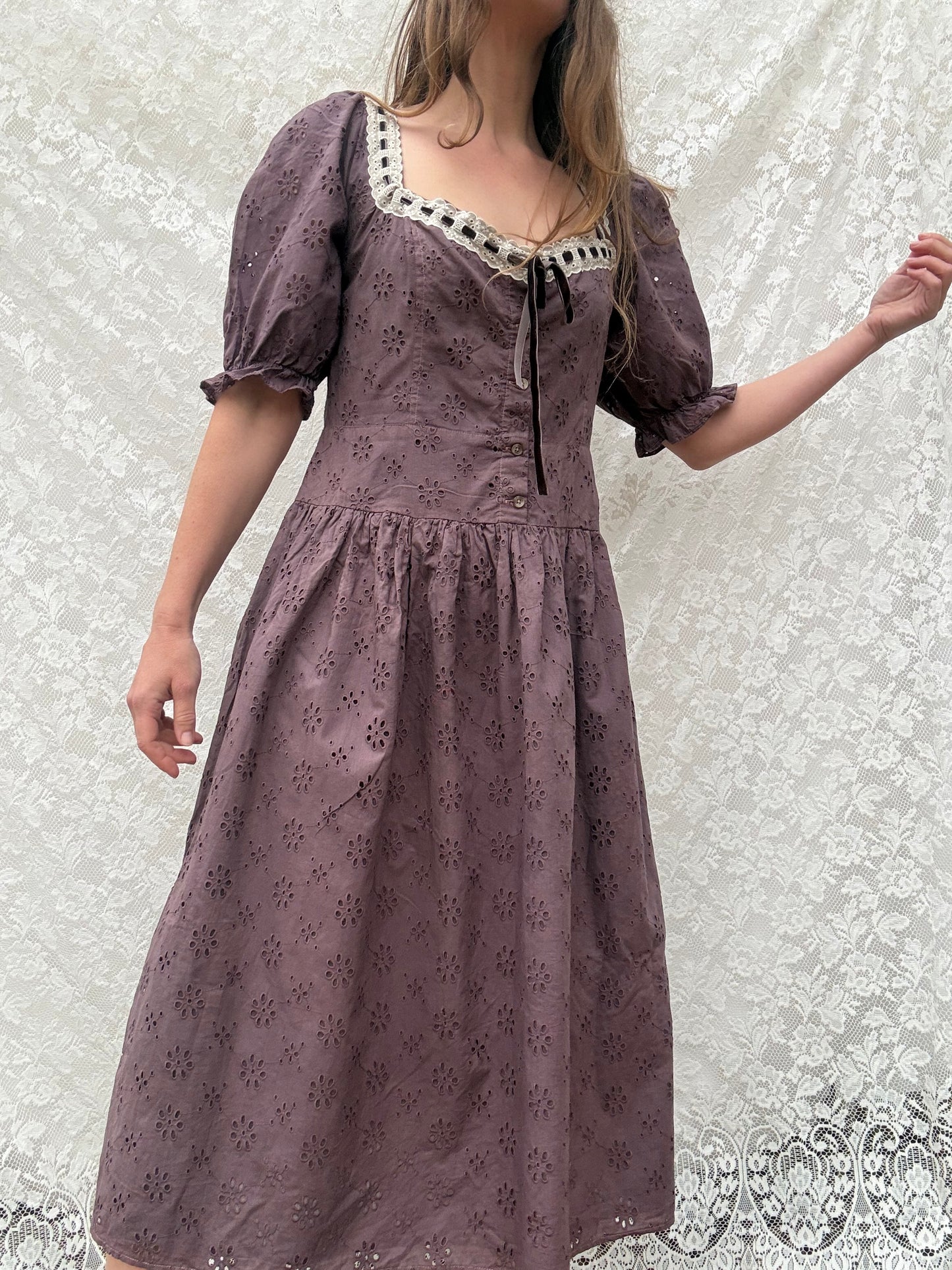 REWORKED - EGGPLANT BRODERIE COTTON DRESS 12-14