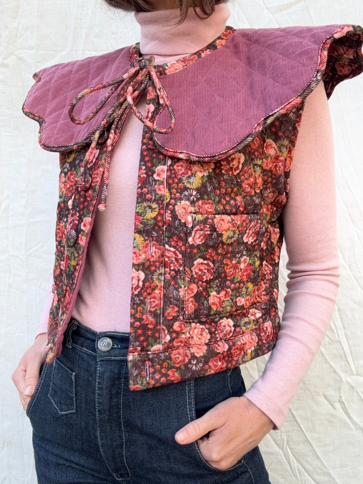 PREORDER - 100% RECYCLED COTTON CORDUROY - PEMBROKE CROP REVERSIBLE QUILTED JACKET/VEST FLORAL
