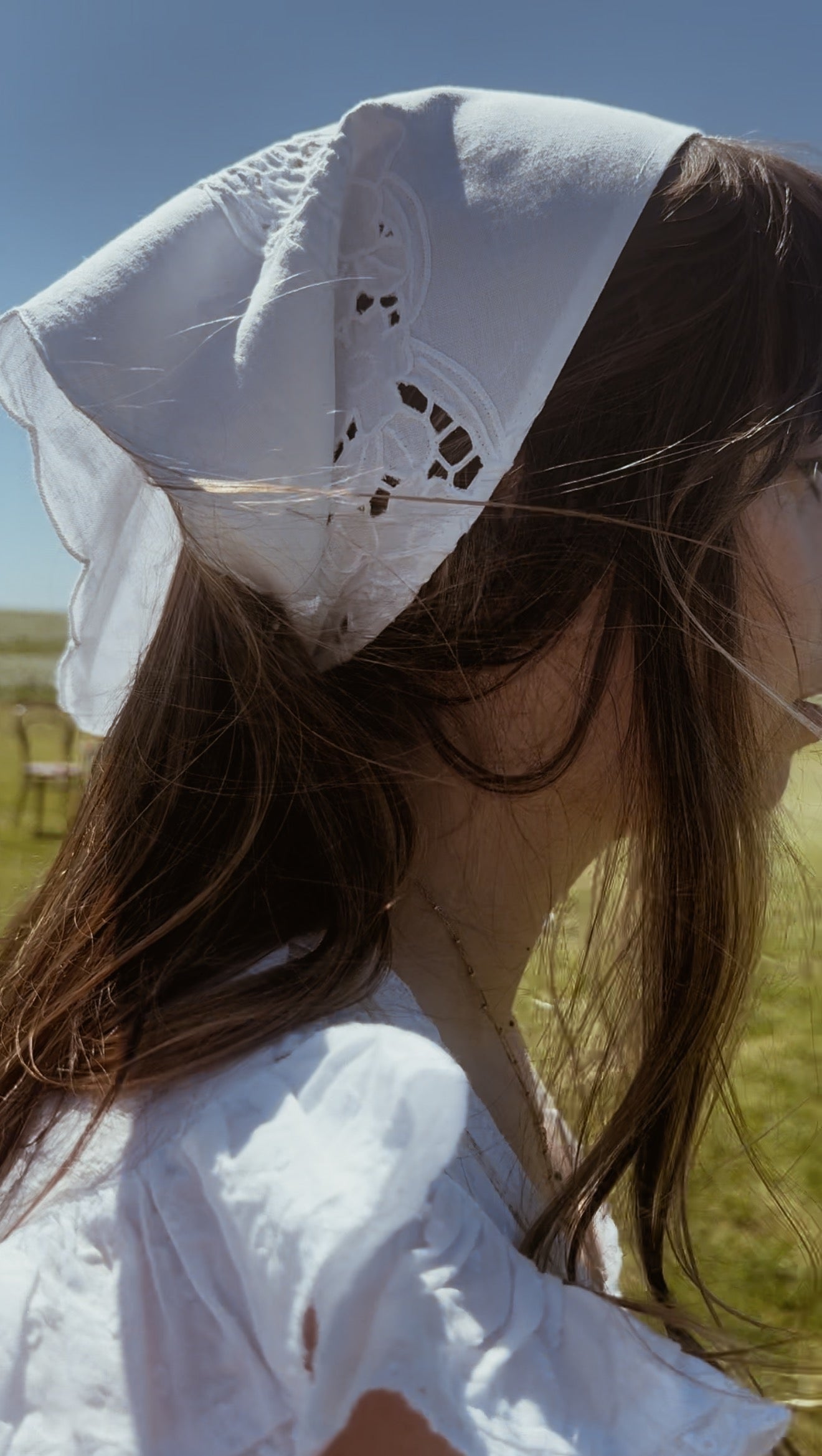 REWORKED - EMBROIDERED BORDER COTTON HEAD SCARF WHITE