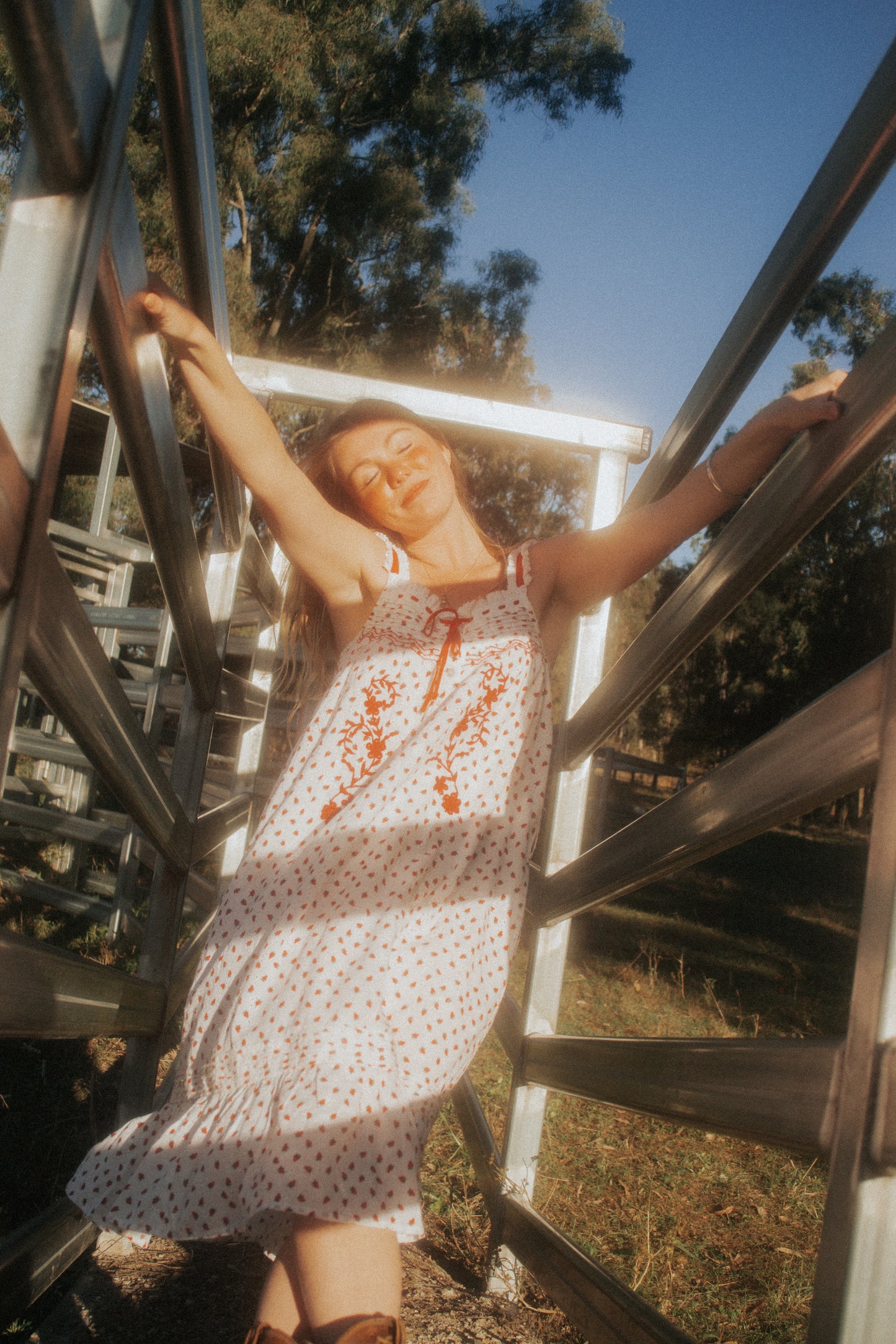 100% RECYCLED COTTON - NIGHTINGALE HAND SMOCKED DRESS STRAWBERRY EMBROIDERED COTTON