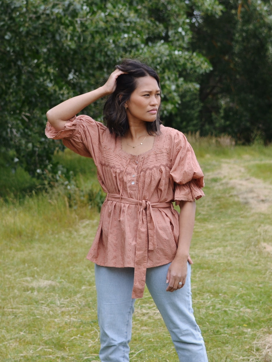 PRELOVED - 100% RECYCLED COTTON - MORNING SONG HAND SMOCKED BLOUSE ANTIQUE BROWN