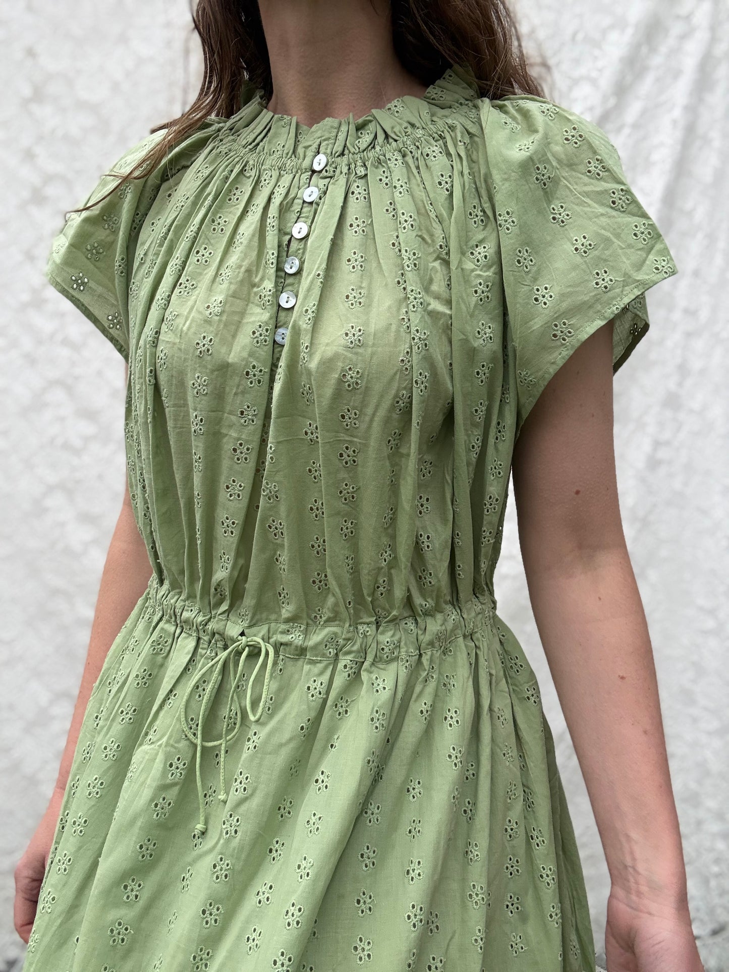 PRELOVED 100% RECYCLED COTTON - ISABEL DRESS SAGE COTTON LACE LARGE