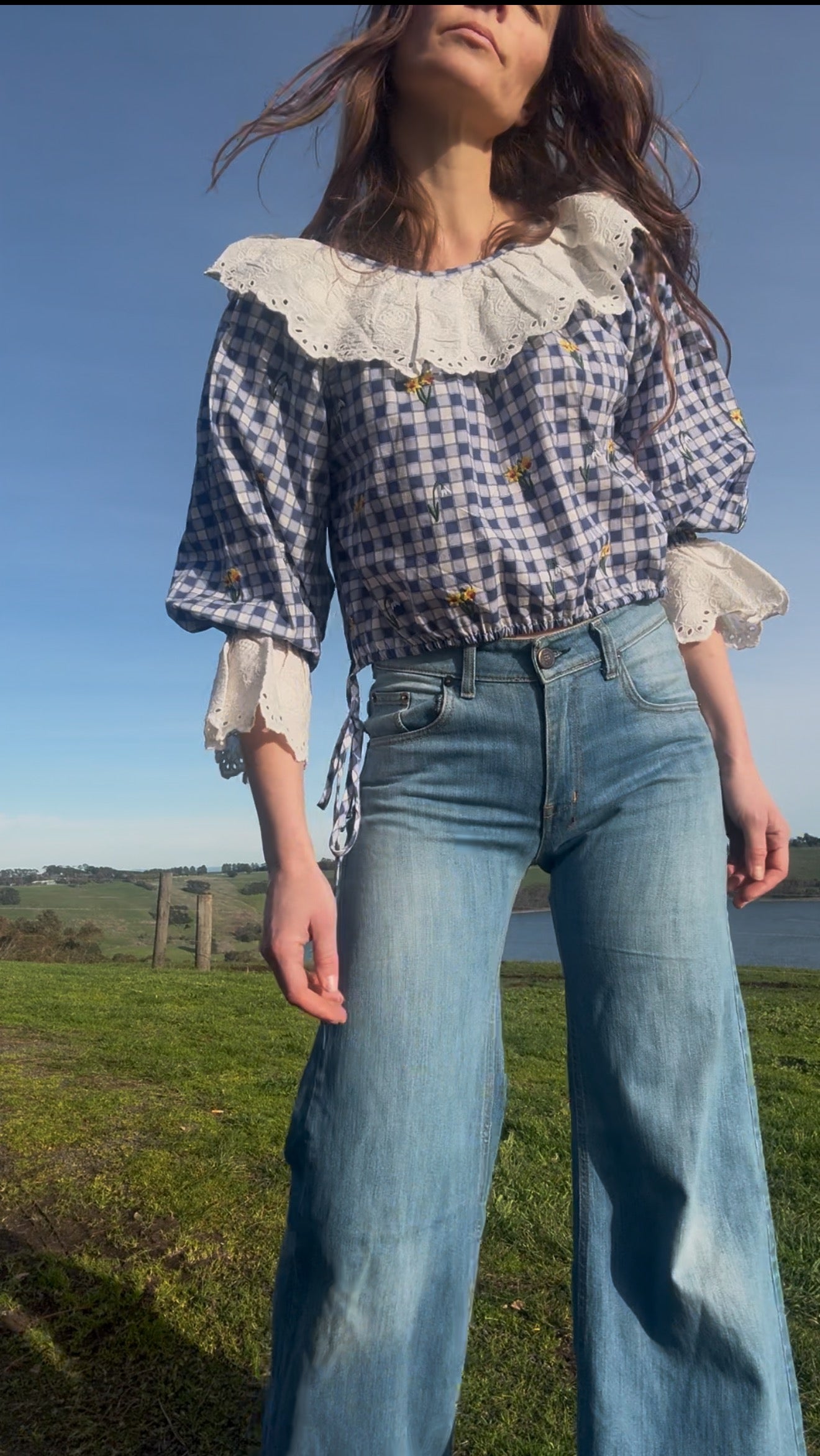 100% RECYCLED COTTON - MARTHA BLUE GINGHAM BLOUSE