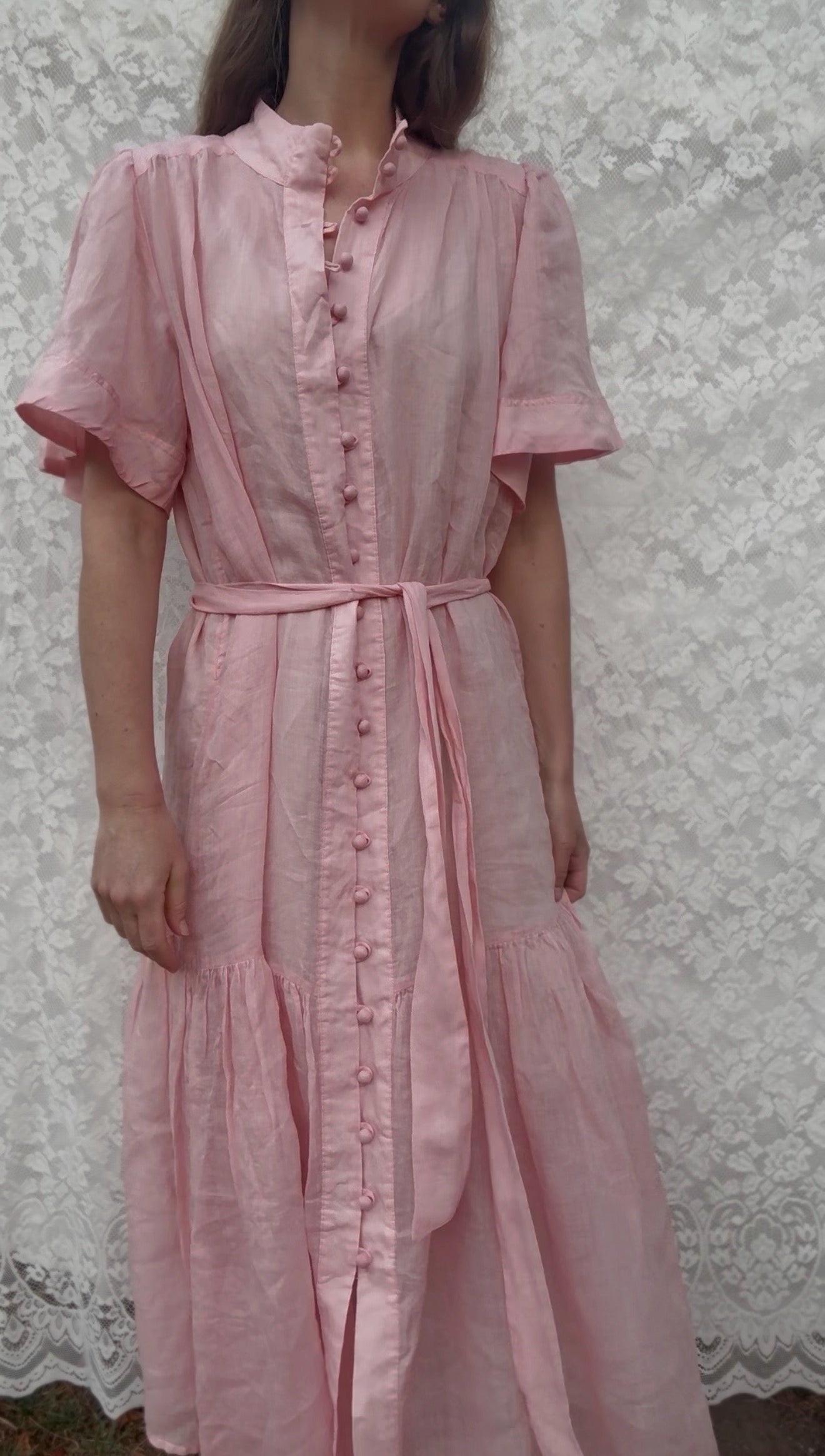 VINTAGE PINK COTTON LINEN DRESS XS-M